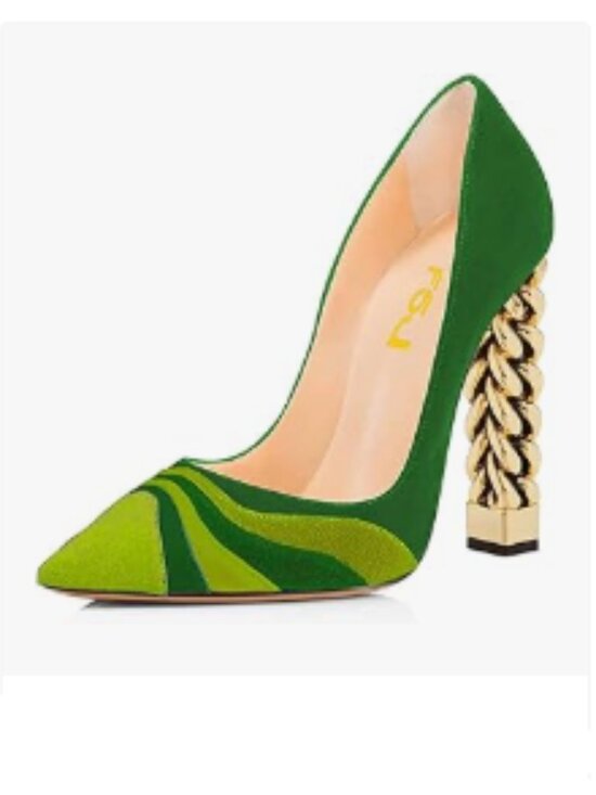 FSJ Shoes - FSJ Green-rainbow Gold Metal Chain Chunky High Heel Pointed Toe Slip On Pumps